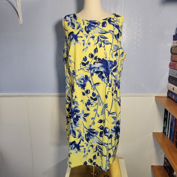 Alyx Size 18 Bright Yellow Blue Floral Spring Print Round Neck Sleeveless Dress - Picture 1 of 10